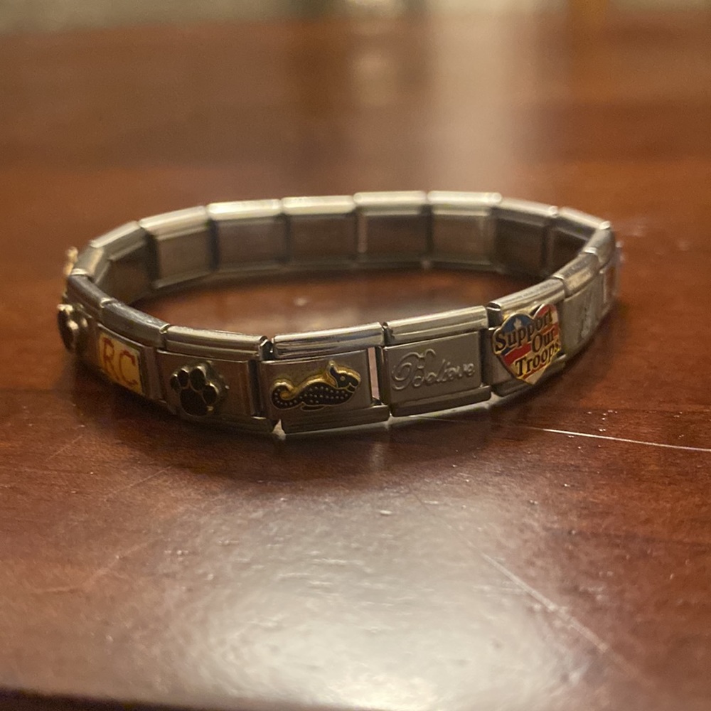 Stretchy on/off Metal Charm Bracelet with Tiles charms all the way around - Picture 4 of 4